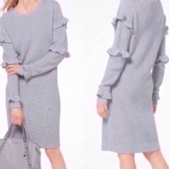 Michael Kors | Grey Lambs Wool Knit Long Ruffle Sleeve Sweater Midi Dress - Picture 1 of 8